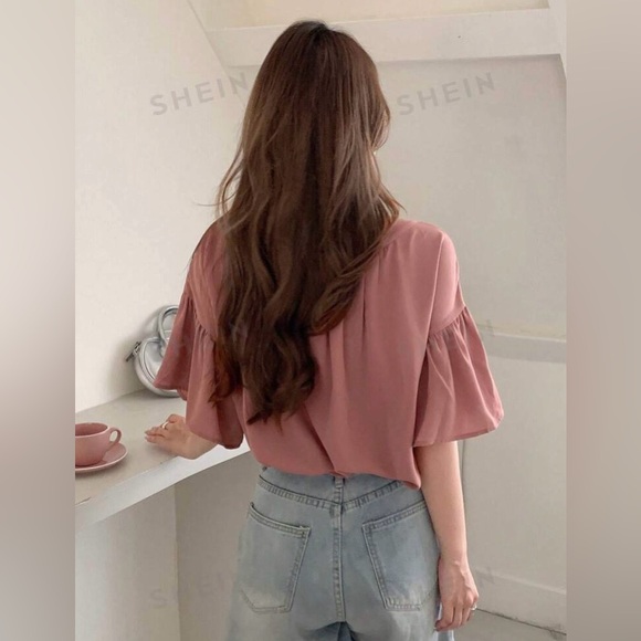 A04 NEW Womens Tie Neck Flounce Half Sleeve Blouse Y Neck Top Salmon Flowy Small - Picture 2 of 10